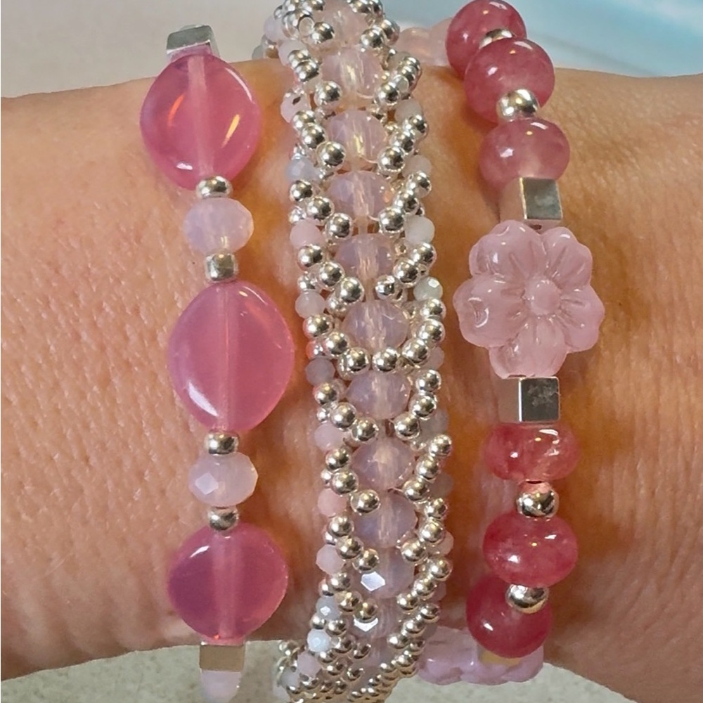 ***SOLD*** 3-Pc Artisan Hand Crafted Beaded Bracelet Genuine Stone & Glass Beads - Picture 1 of 9